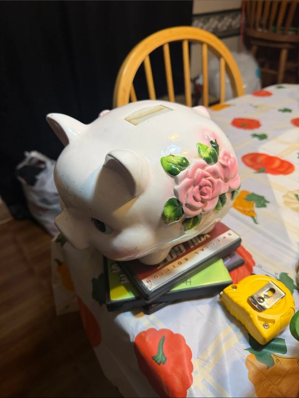 White Ceramic Piggy Bank with Pink Rose Accent - Decorative Home Accent